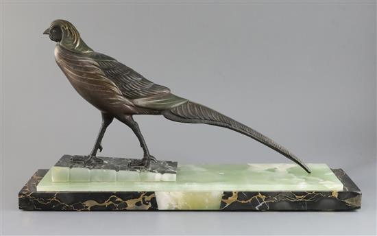After Irénée Rochard (French 1906-1984). An Art Deco bronzed spelter model of a pheasant, length 21.5in.